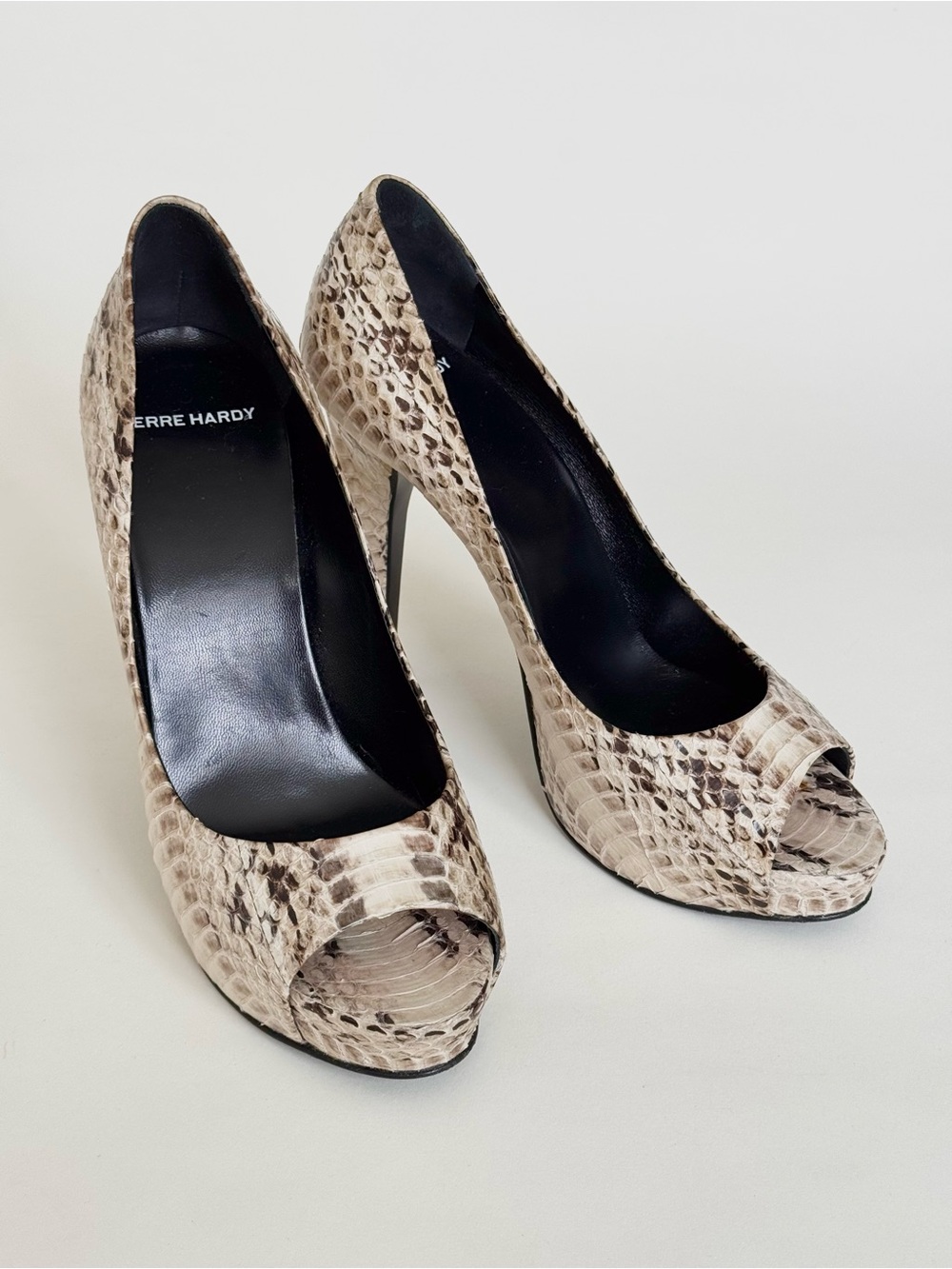 Pierre Hardy Beige Snake-Print Peep-Toe 100mm Heels - Size 37.5 - Made in Italy